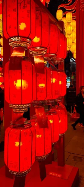 red and white lanterns in the market