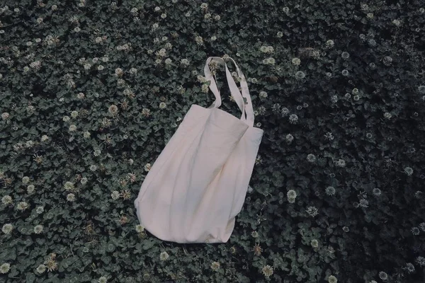 black plastic bag with a green leaf on a gray background