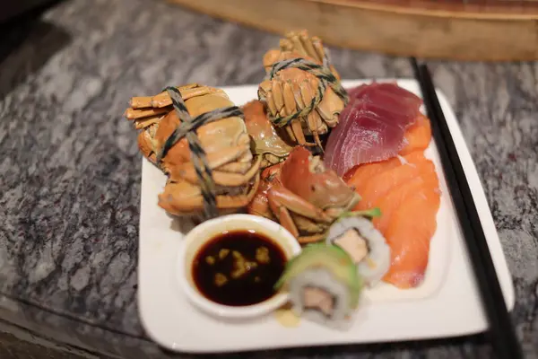 Sushi Set White Plate Wooden Background —  Fotos de Stock