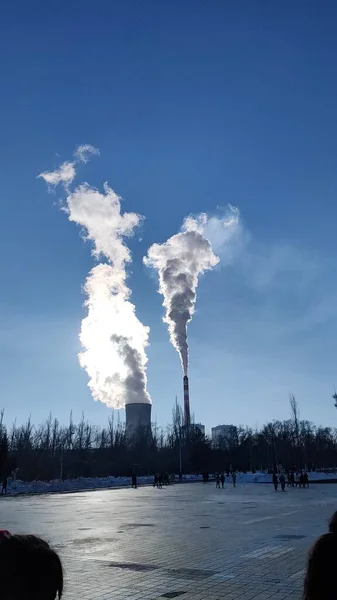 industrial factory, smoke and chimney, pollution