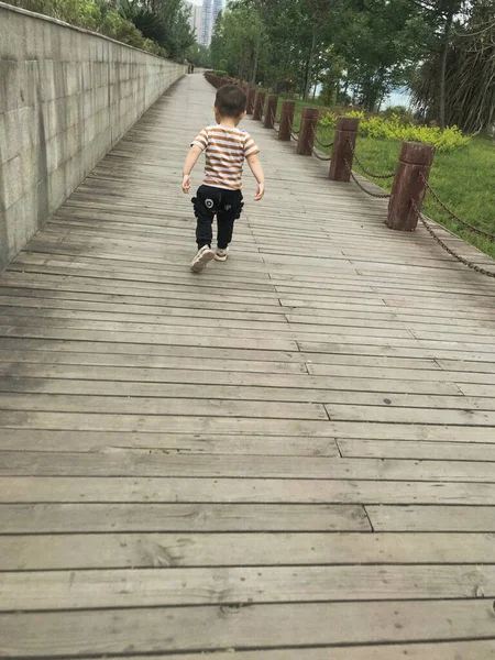 boy walking on the bridge in the park