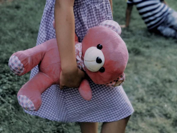 little girl with a teddy bear in the park