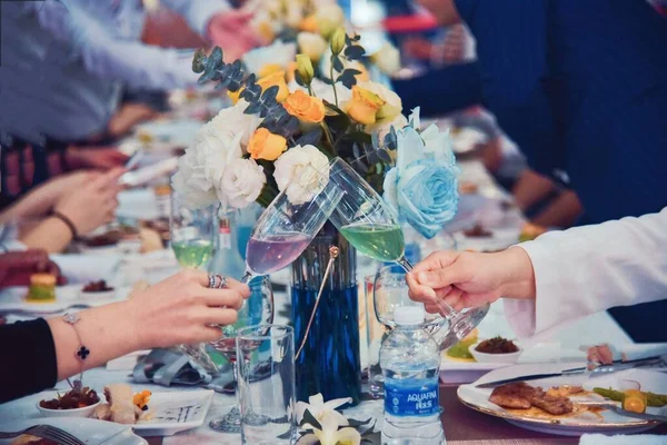 wedding table with glasses and wine