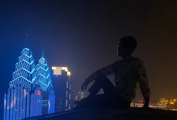 Stock image silhouette of a man in a suit and a jacket on the background of the night sky