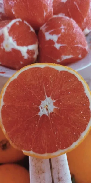 close up of a red grapefruit
