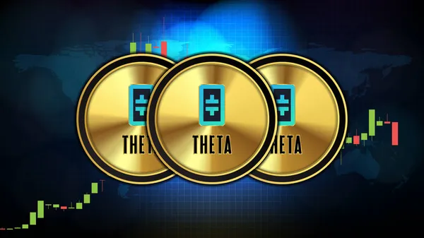 TheTA (TheTA) Klasik para dijital kripto para birimi ve pazar grafiği hacim göstergesinin soyut geleceksel teknoloji arka planı