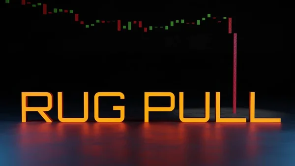 rug pull cryptocurrency and candle stick chart graph sign text object , 3D illustration rendering