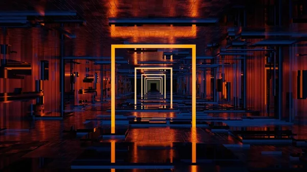 科幻现代未来派霓虹灯舞台走廊的抽象背景 3D图解绘制 — 图库照片