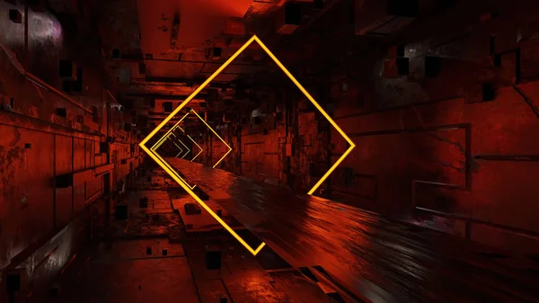 科幻现代未来派霓虹灯隧道舞台走廊的抽象背景 3D图解绘制 — 图库照片