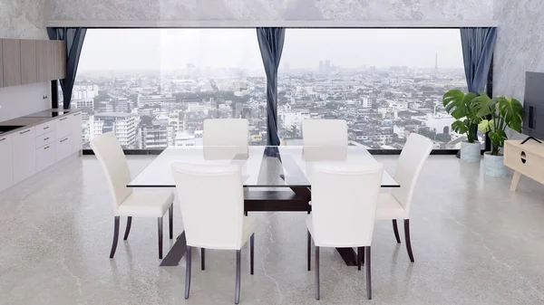 Ensemble Table Cuisine Intérieure Dans Une Maison Moderne Avec Vue — Photo