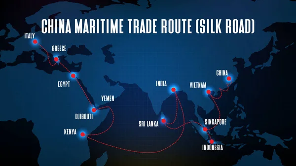 Abstracte Blauwe Achtergrond Van China Maritieme Handelsroute Zijderoute Met Wereldkaart — Stockvector