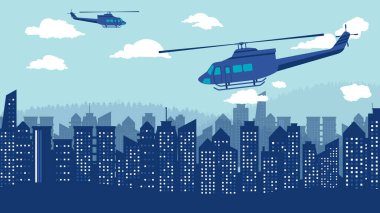 Gökyüzündeki ve şehir kulesindeki helikopter düz çizgi film.