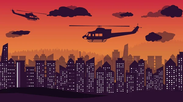 Silhouet Van Nutshelikopter Stadstoren Oranje Helling Achtergrond — Stockvector