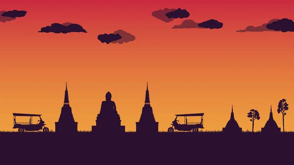 Silhouette Tuk Tuk Taxi Traditionnel Pagode Temple Thaïlande Sur Fond — Image vectorielle