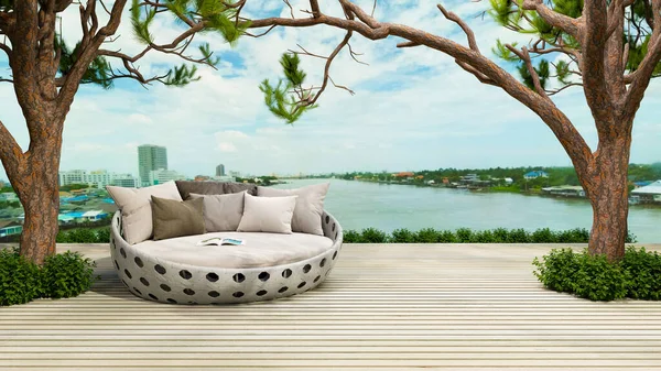 background of outdoor garden lounging terrace and sofa with tree rooftop , 3D illustration rendering