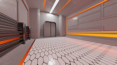 Sci Fi kapı tünelinin soyut arkaplanı Modern Fütürist Uzay Gemisi, 3 boyutlu resimleme