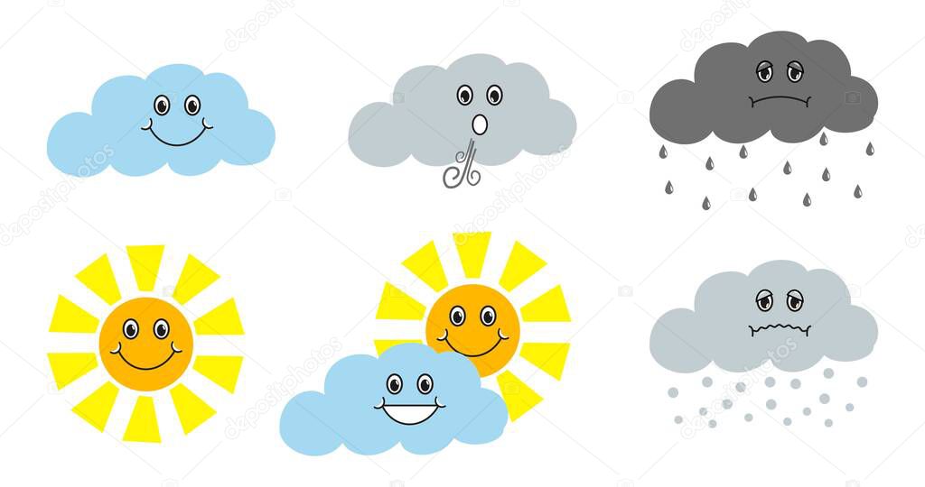 6 kinds of weather clipart, icon, cartoon, with face expression, by vector design