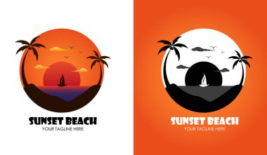 Hindistan cevizi ağacı adalı Sunset Beach logosu ve vektör tasarımlı bir yat.