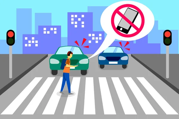 Avvertimento Uomo Sta Attraversando Autostrada Con Utilizzo Smart Phone Dalla — Vettoriale Stock