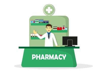 pharmacist in front of drug store by vector design
