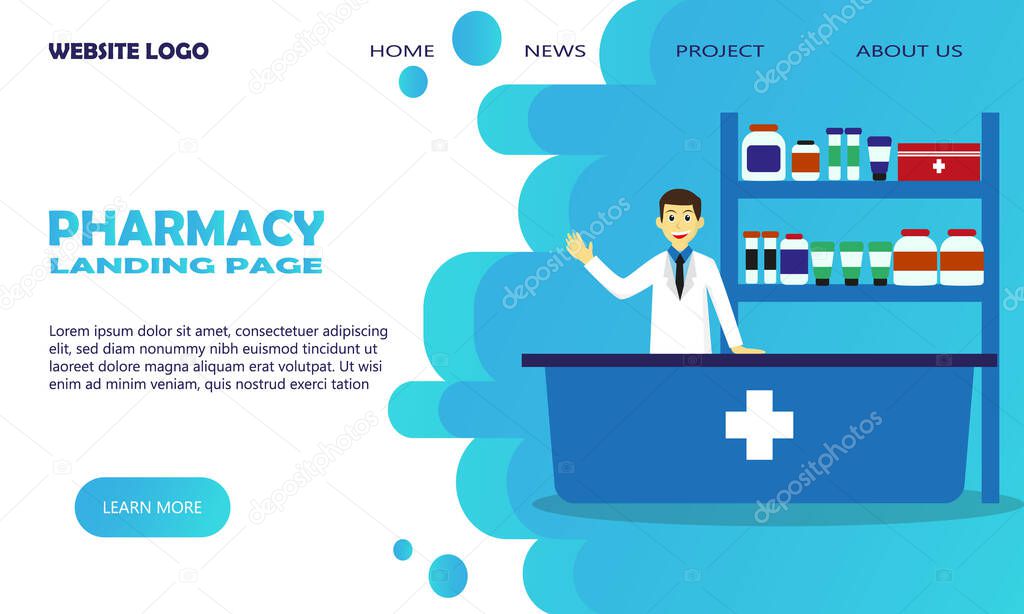 simple style pharmacy landing page for website template with pharmacist and drugstore by vector design