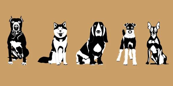 Various Dog Types Drawing Black White Style Vector Design — Stock Vector