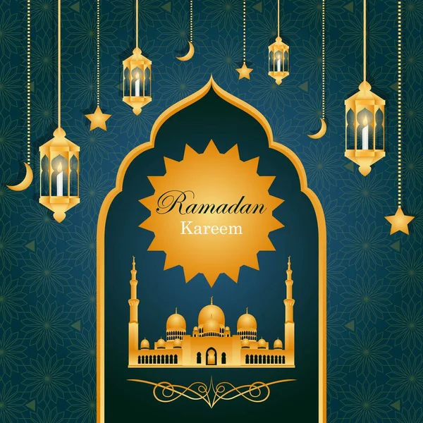 Altın camii ve güzel desenli asılı lambayla lüks ramadan kareem.