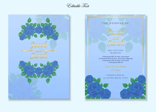 Fancy Wedding Card Template Blue Rose Floral Frame Gold Vector — Stock Vector