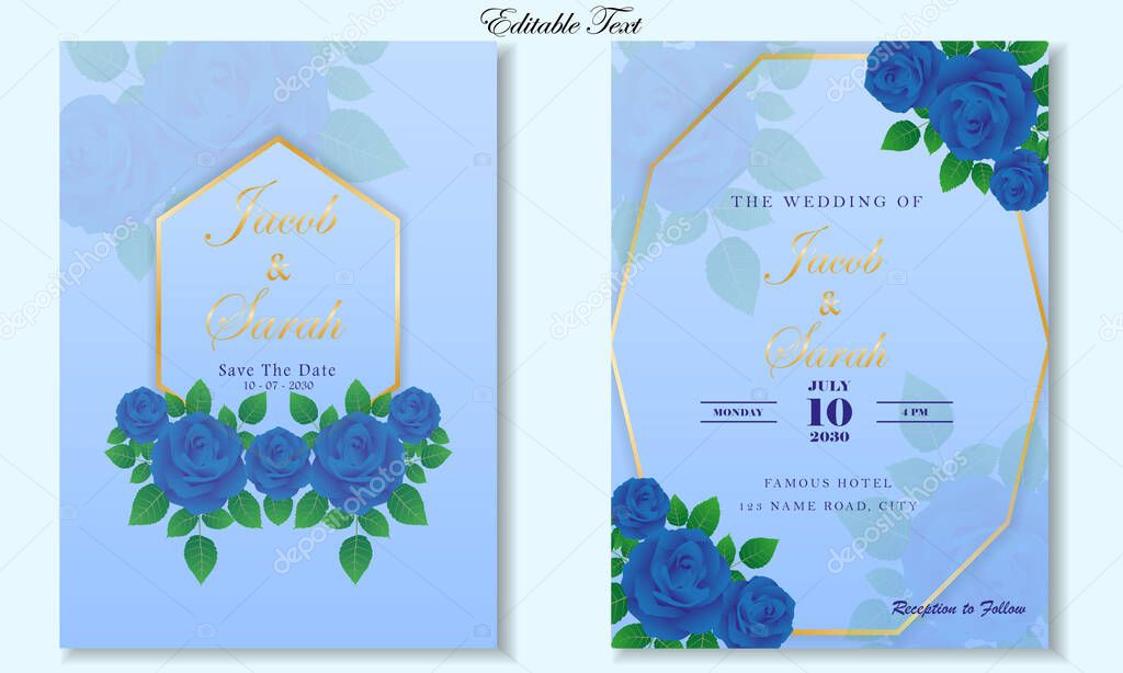 blue wedding card template with blue rose floral frame by vector design