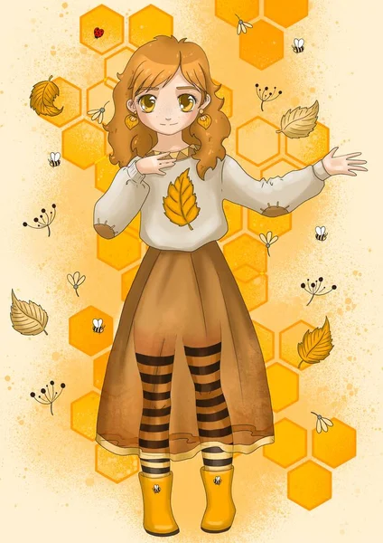 Anime Girl Autumn Girl Bee Socks — Stock Photo, Image