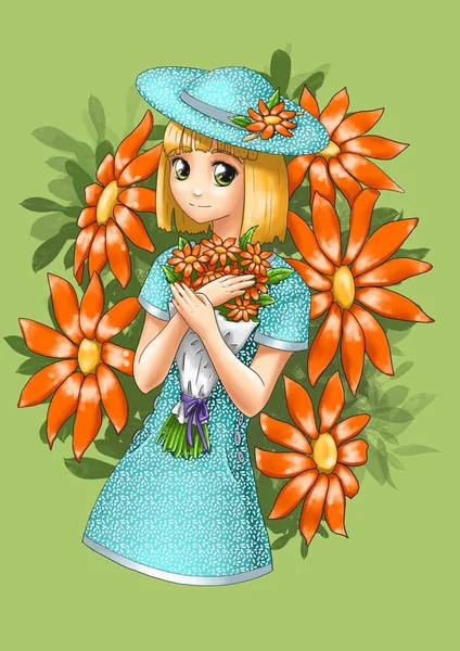 Letní Dívka Šatech Kloboukem Květinami — Stock fotografie