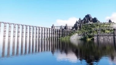 Fantezi peri siber punk kalesi, okyanustaki saray. Kıyamet sonrası konsepti. Dinamik ağaç. Gerçekçi 4k animasyonu