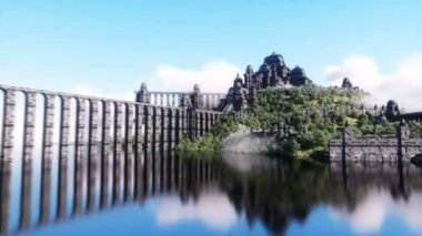 Fantezi peri siber punk kalesi, okyanustaki saray. Kıyamet sonrası konsepti. Dinamik ağaç. Gerçekçi 4k animasyonu