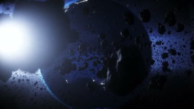Asteroid in outer space. Earth planet. Realistic 4k animation