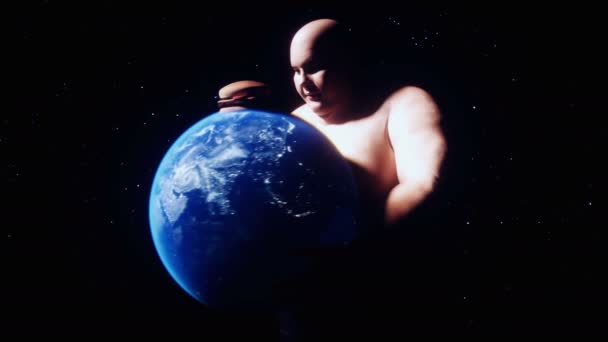 Fat Man Holds Earth His Hands Obesity Problem Concept Realistic — Stock Video