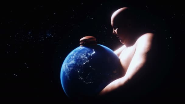 Fat Man Holds Earth His Hands Obesity Problem Concept Realistic — Stock videók