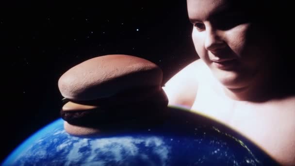 Fat Man Holds Earth His Hands Obesity Problem Concept Realistic — Video