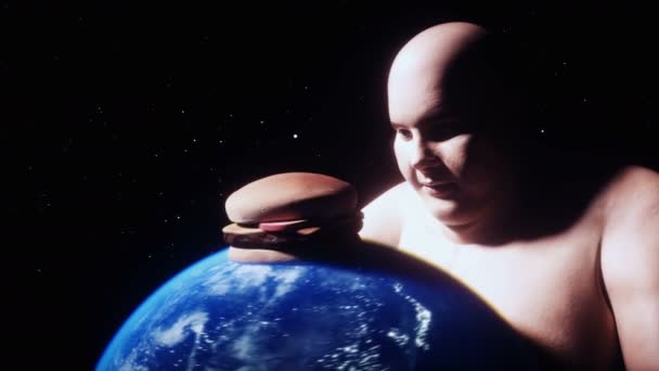 Fat Man Holds Earth His Hands Obesity Problem Concept Realistic — Stock videók