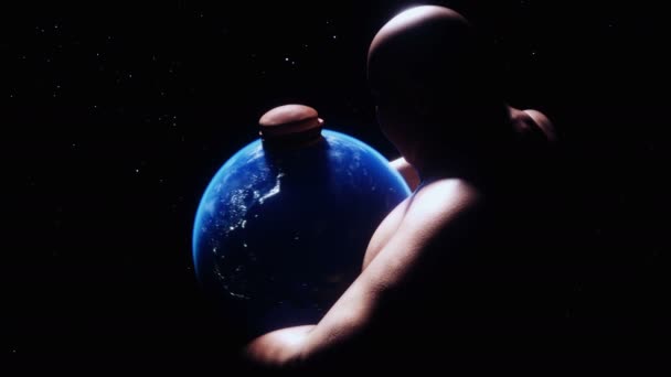 Fat Man Holds Earth His Hands Obesity Problem Concept Realistic — Video Stock