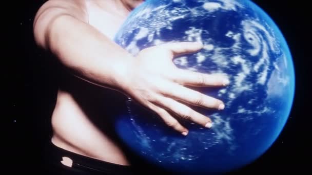 Fat Man Holds Earth His Hands Obesity Problem Concept Realistic — 图库视频影像