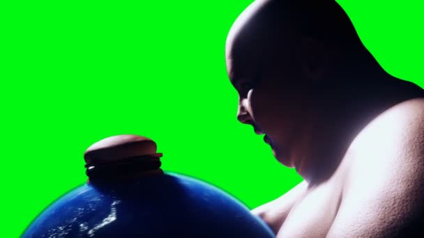 Fat Man Holds Earth His Hands Obesity Problem Concept Green — Video Stock