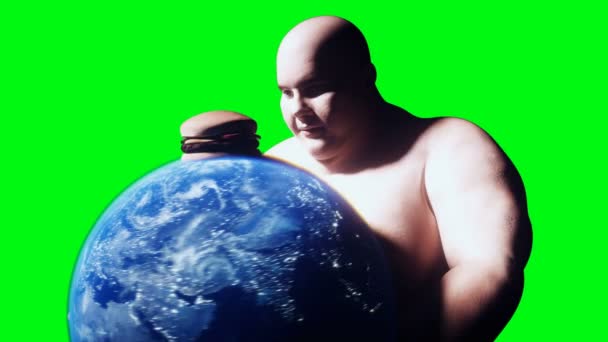 Fat Man Holds Earth His Hands Obesity Problem Concept Green — Stock videók