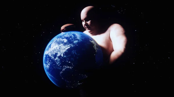 Fat Man Holds Earth His Hands Obesity Problem Concept Rendering — Stockfoto