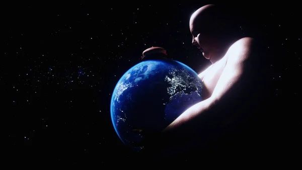 the fat man holds the earth in his hands. Obesity problem concept. 3d rendering