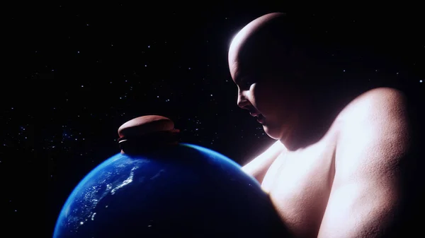 Fat Man Holds Earth His Hands Obesity Problem Concept Rendering — 图库照片