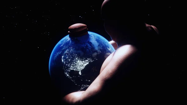 Fat Man Holds Earth His Hands Obesity Problem Concept Rendering — Stockfoto