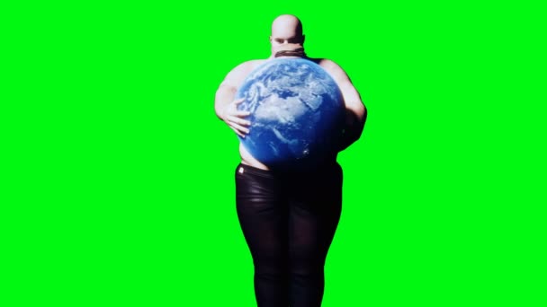 Fat Man Holds Earth His Hands Obesity Problem Concept Green — Stock videók