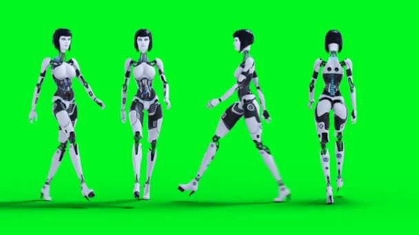 Weibliche Sexy Roboter Gehen Green Screen Isolieren Filmmaterial — Stockvideo