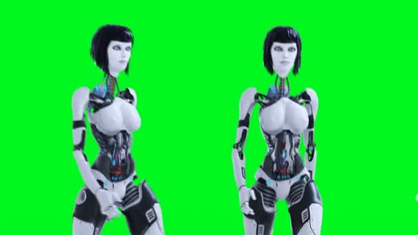 Vrouwelijke Sexy Robot Loopt Groen Scherm Isoleren Beeldmateriaal — Stockvideo