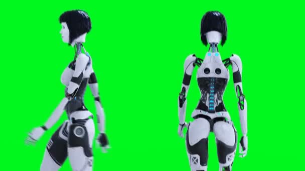 Vrouwelijke Sexy Robot Loopt Groen Scherm Isoleren Beeldmateriaal — Stockvideo